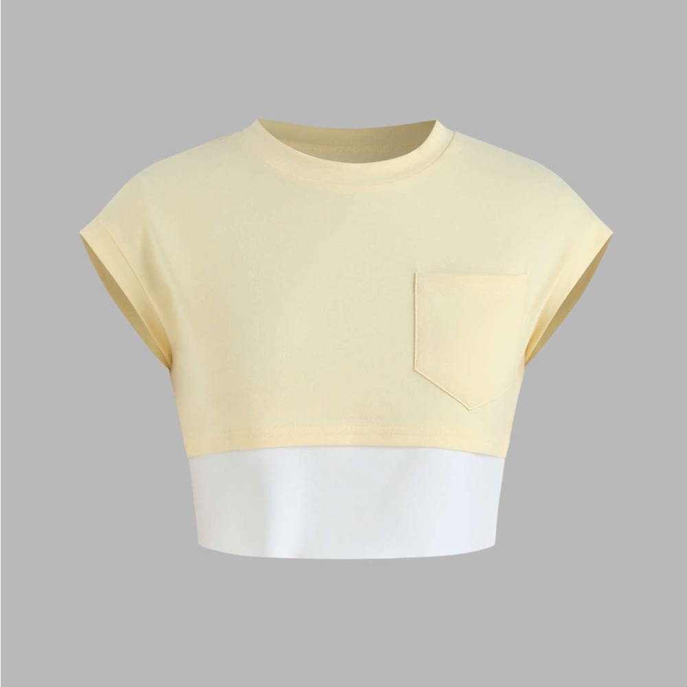 Cider yellow white patchwork pocket crop t shirt